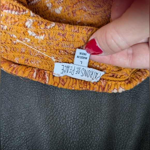 Patrons of peace top Large Mustard Patterned Smocked Boho Long Sleeve Tie Front - Picture 2 of 9